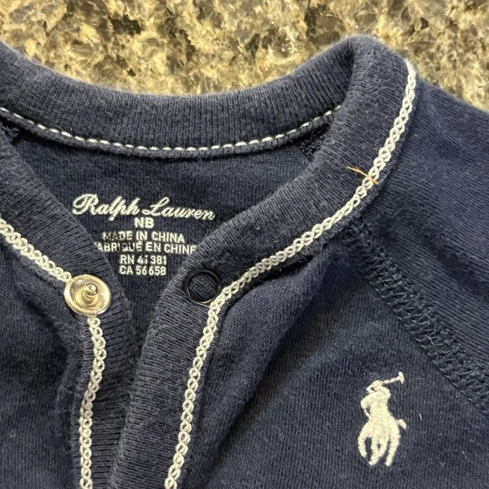 Ralph Lauren Blue Solid Cotton Knit LS Footed Snap One-Piece Sleeper NB